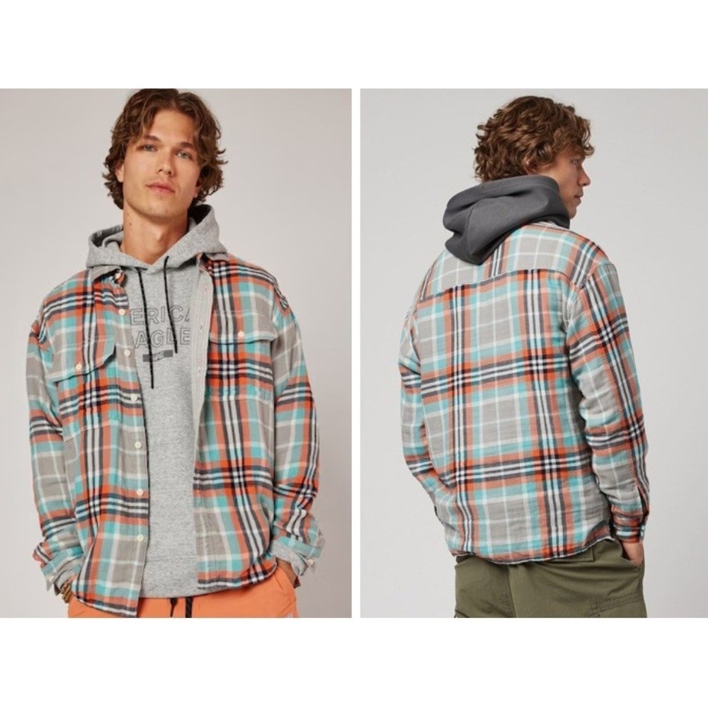 American Eagle Outfitters Blue Orange Plaid Flannel Shirt Long SlvButton Dn Sz M
